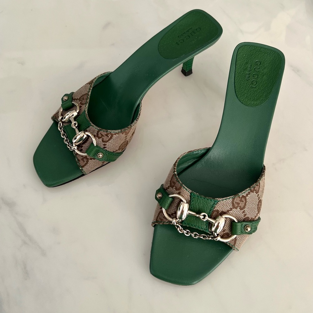 Gucci by Tom Ford Green GG Monogram Horsebit Mules / US 6 1/2 / Vintage - Picture 7 of 10